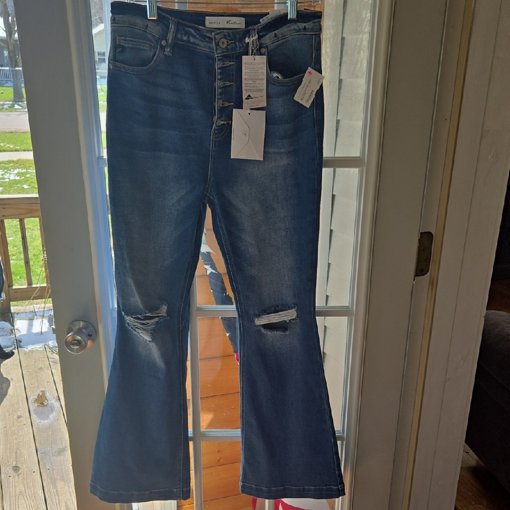 High-Rise Dark Blue Distressed Flare Jeans